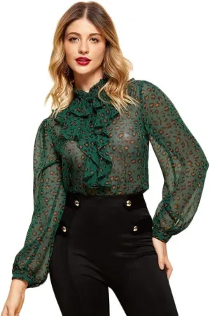 Older Womens Tops and Blouses Green Leopard Print Ruffle Older Womens Tops Older Womens Tops Long Sleeve