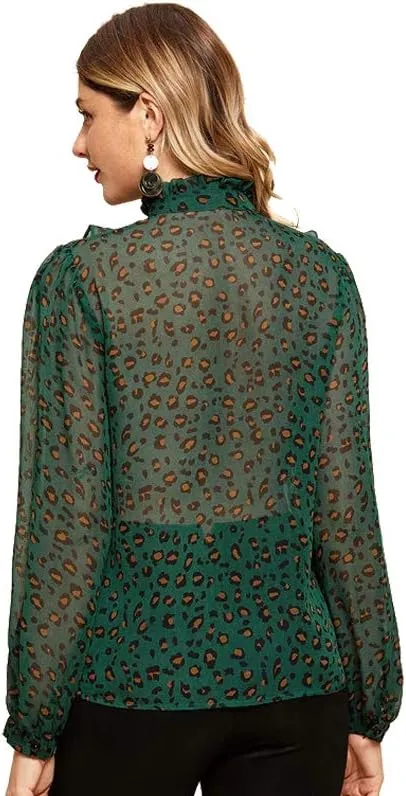 Older Womens Tops and Blouses Green Leopard Print Ruffle Older Womens Tops Older Womens Tops Long Sleeve