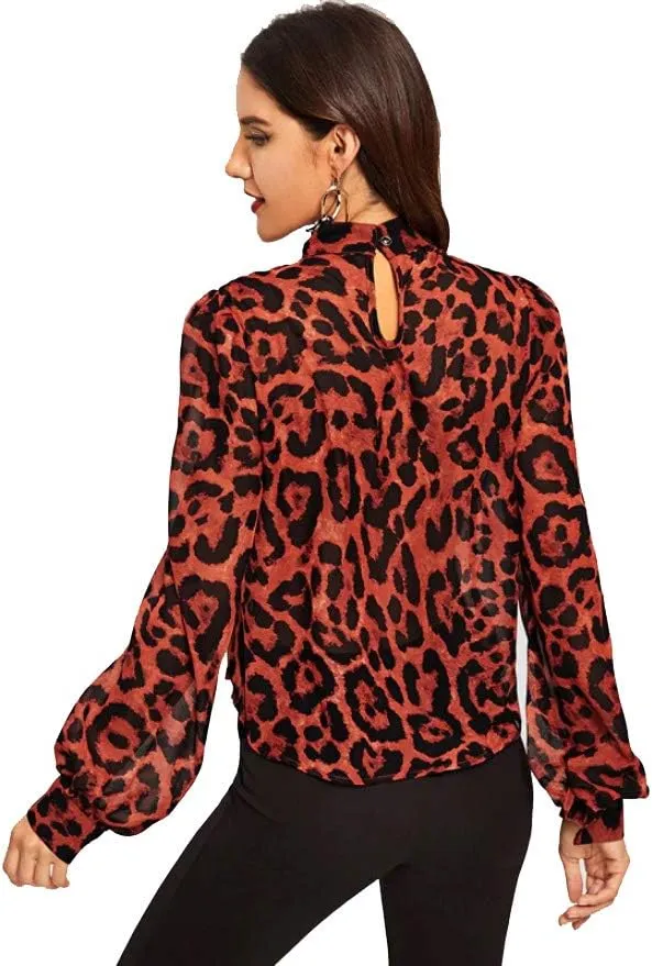 Older Womens Tops and Blouses Keyhole Neck Cutout Leopard Chiffon Older Womens Tops Older Womens Tops Long Sleeve