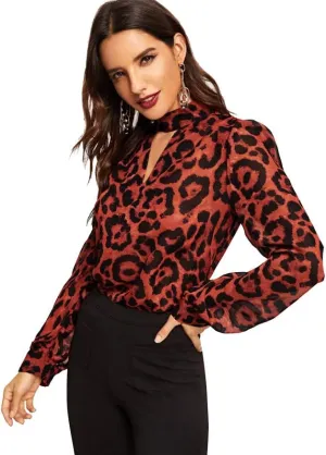 Older Womens Tops and Blouses Keyhole Neck Cutout Leopard Chiffon Older Womens Tops Older Womens Tops Long Sleeve