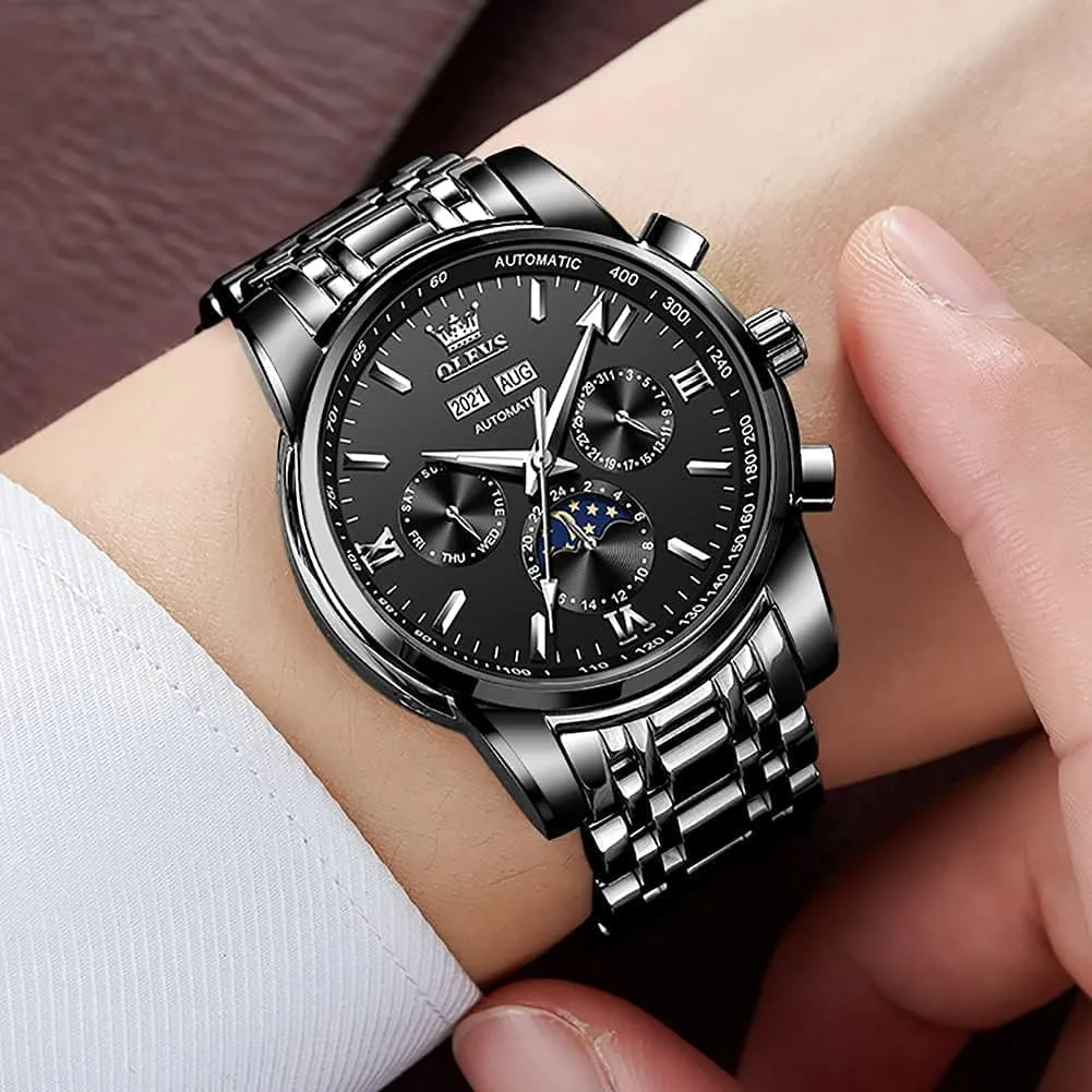 OLEVS Automatic Men Watch Self Winding Mechanical Luxury Dress Moon Phase Stainless Steel Waterproof Luminous Calendar Wrist Watch