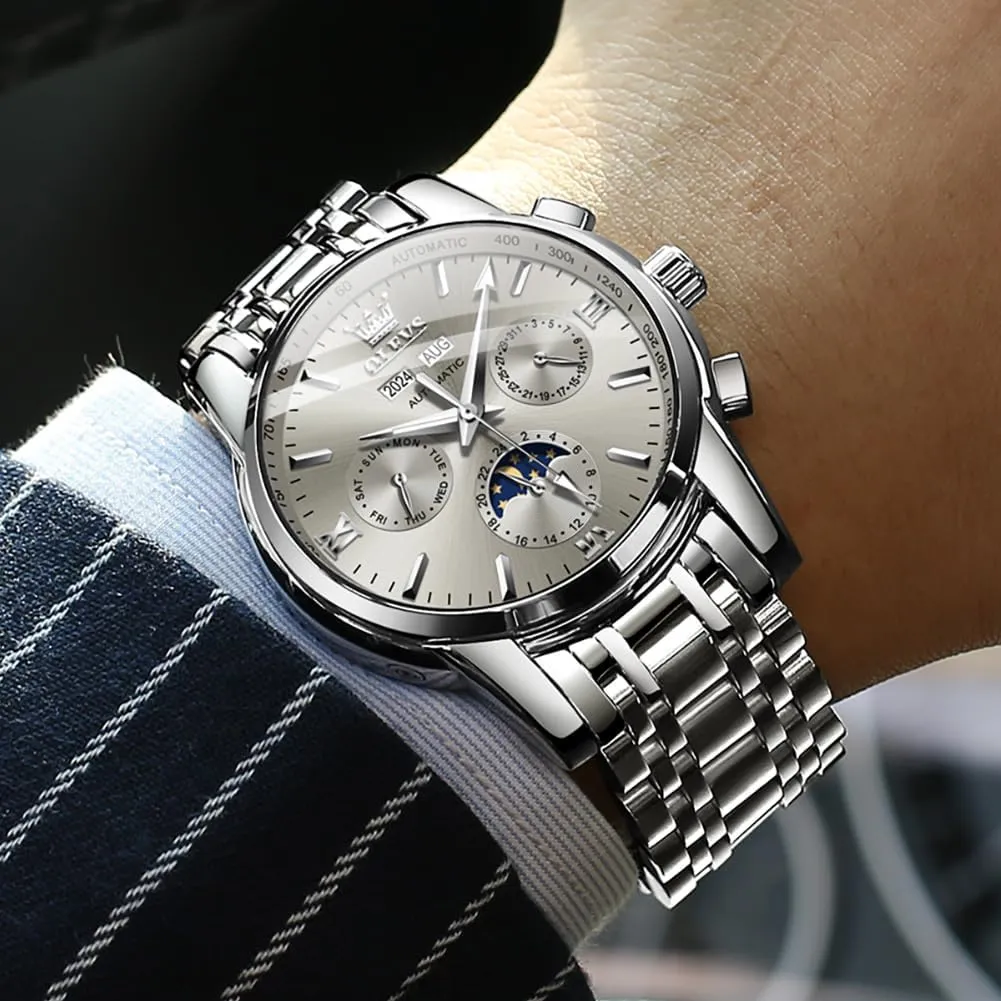 OLEVS Automatic Men Watch Self Winding Mechanical Luxury Dress Moon Phase Stainless Steel Waterproof Luminous Calendar Wrist Watch