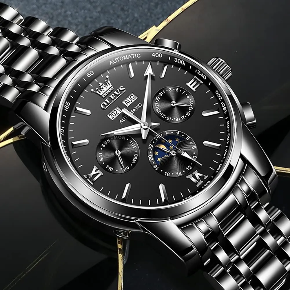 OLEVS Automatic Men Watch Self Winding Mechanical Luxury Dress Moon Phase Stainless Steel Waterproof Luminous Calendar Wrist Watch
