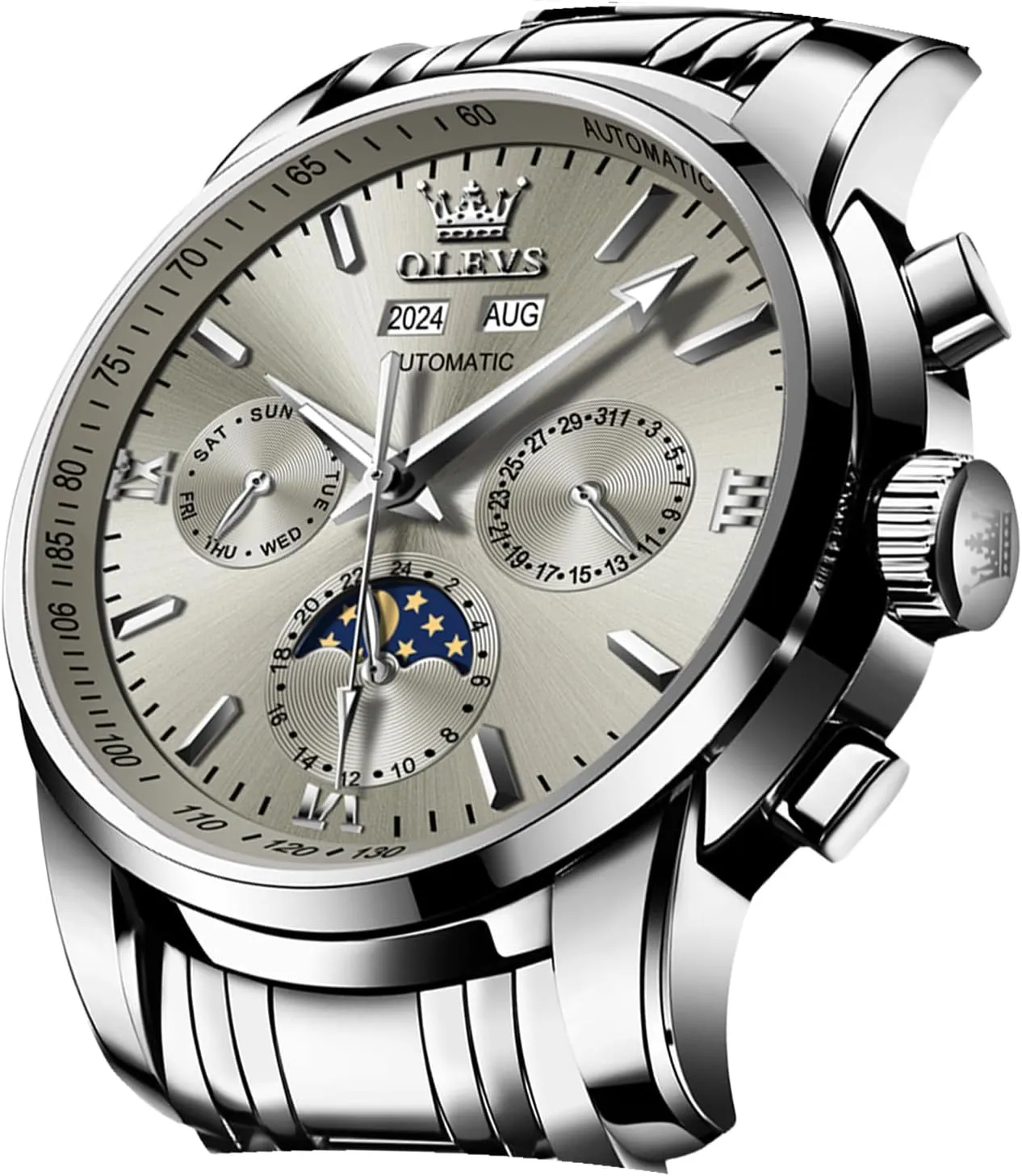 OLEVS Automatic Men Watch Self Winding Mechanical Luxury Dress Moon Phase Stainless Steel Waterproof Luminous Calendar Wrist Watch
