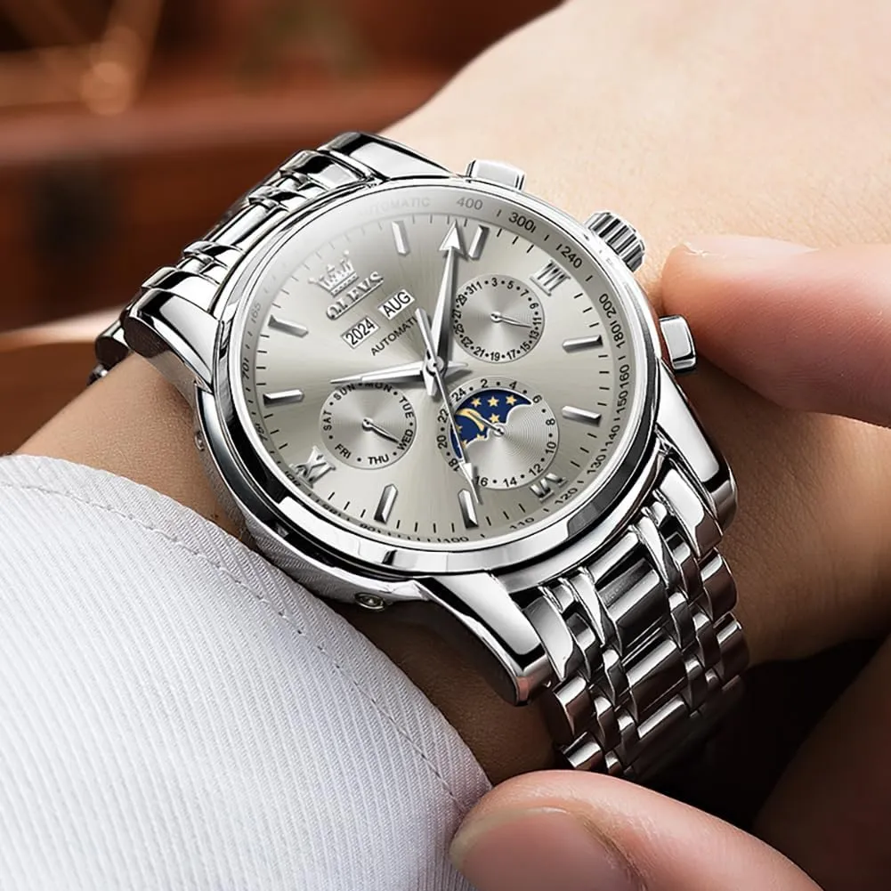 OLEVS Automatic Men Watch Self Winding Mechanical Luxury Dress Moon Phase Stainless Steel Waterproof Luminous Calendar Wrist Watch