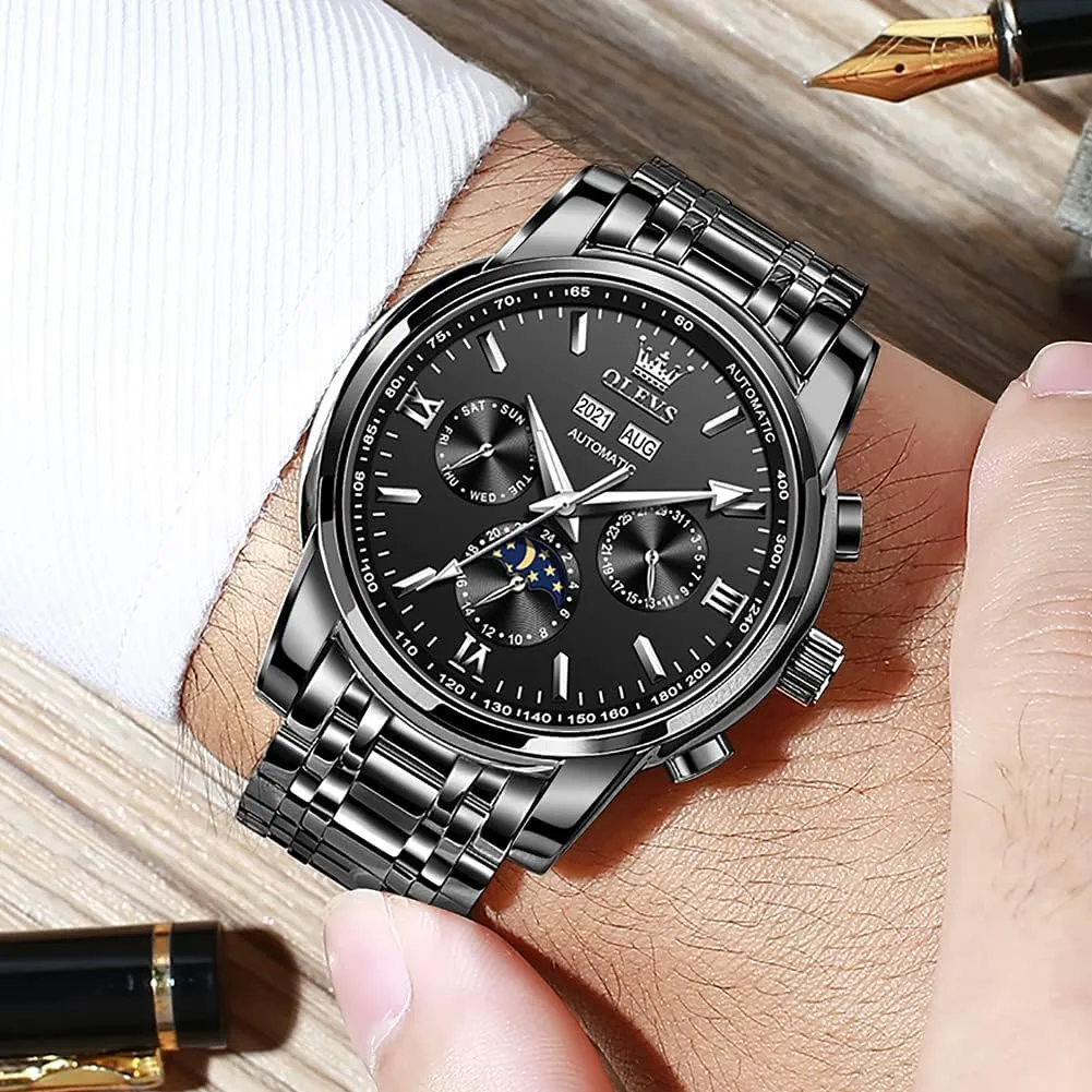 OLEVS Automatic Men Watch Self Winding Mechanical Luxury Dress Moon Phase Stainless Steel Waterproof Luminous Calendar Wrist Watch