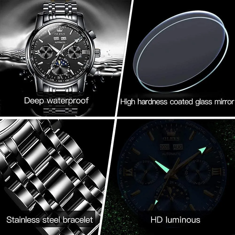OLEVS Automatic Men Watch Self Winding Mechanical Luxury Dress Moon Phase Stainless Steel Waterproof Luminous Calendar Wrist Watch