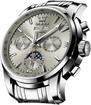 OLEVS Automatic Men Watch Self Winding Mechanical Luxury Dress Moon Phase Stainless Steel Waterproof Luminous Calendar Wrist Watch