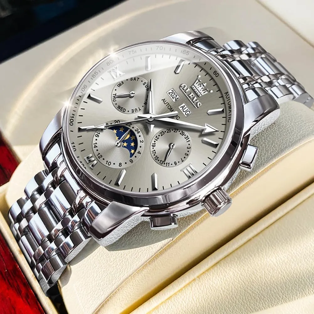 OLEVS Automatic Men Watch Self Winding Mechanical Luxury Dress Moon Phase Stainless Steel Waterproof Luminous Calendar Wrist Watch