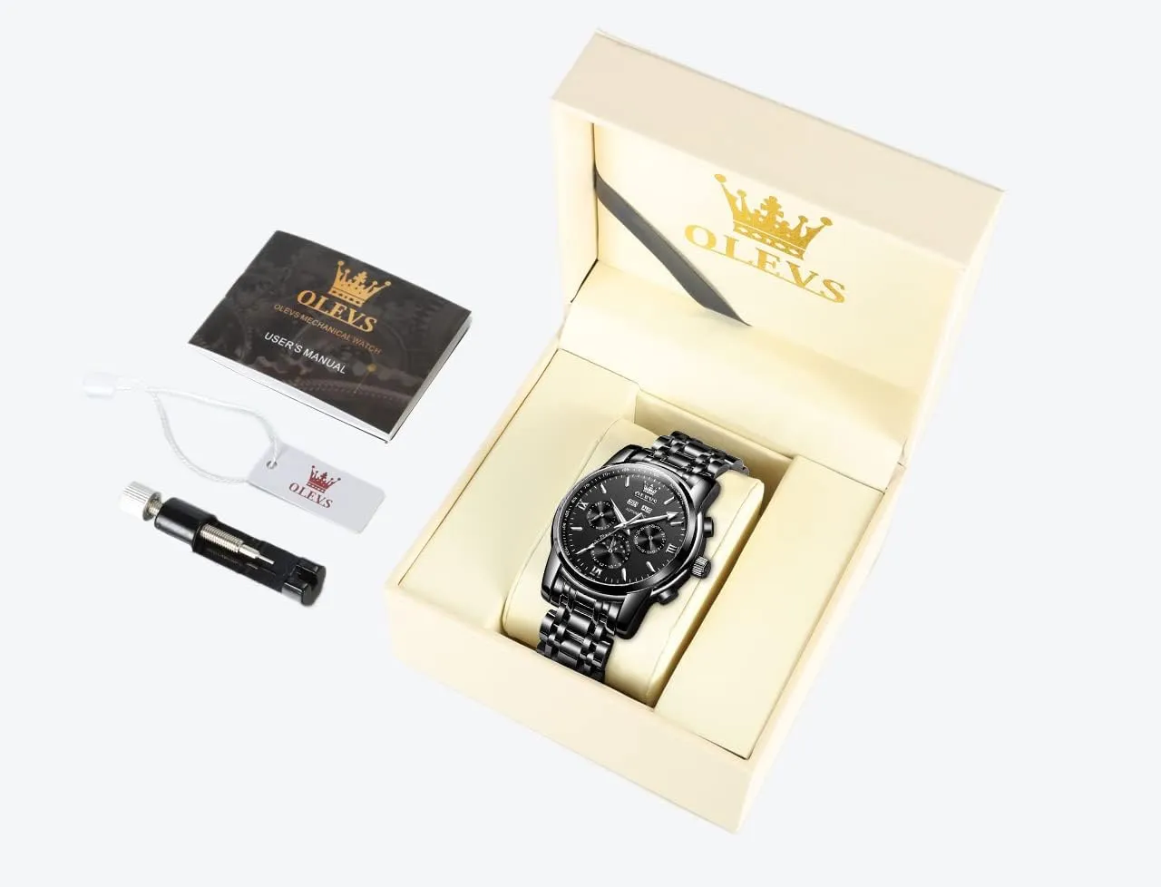 OLEVS Automatic Men Watch Self Winding Mechanical Luxury Dress Moon Phase Stainless Steel Waterproof Luminous Calendar Wrist Watch
