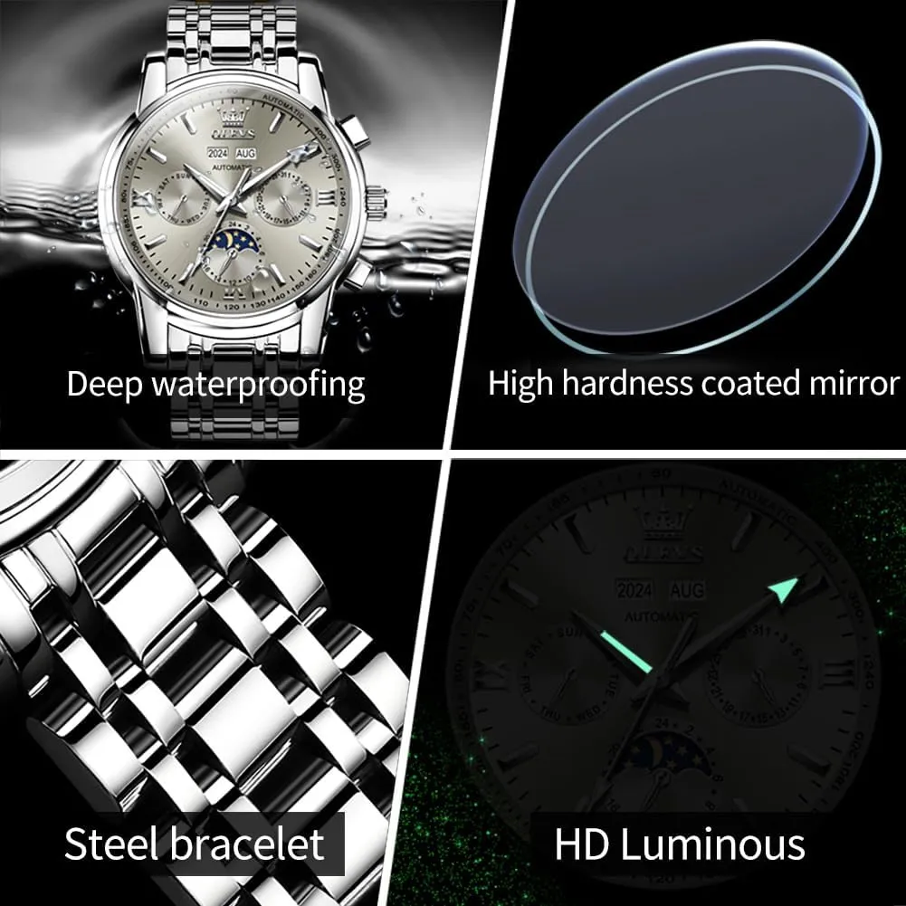 OLEVS Automatic Men Watch Self Winding Mechanical Luxury Dress Moon Phase Stainless Steel Waterproof Luminous Calendar Wrist Watch