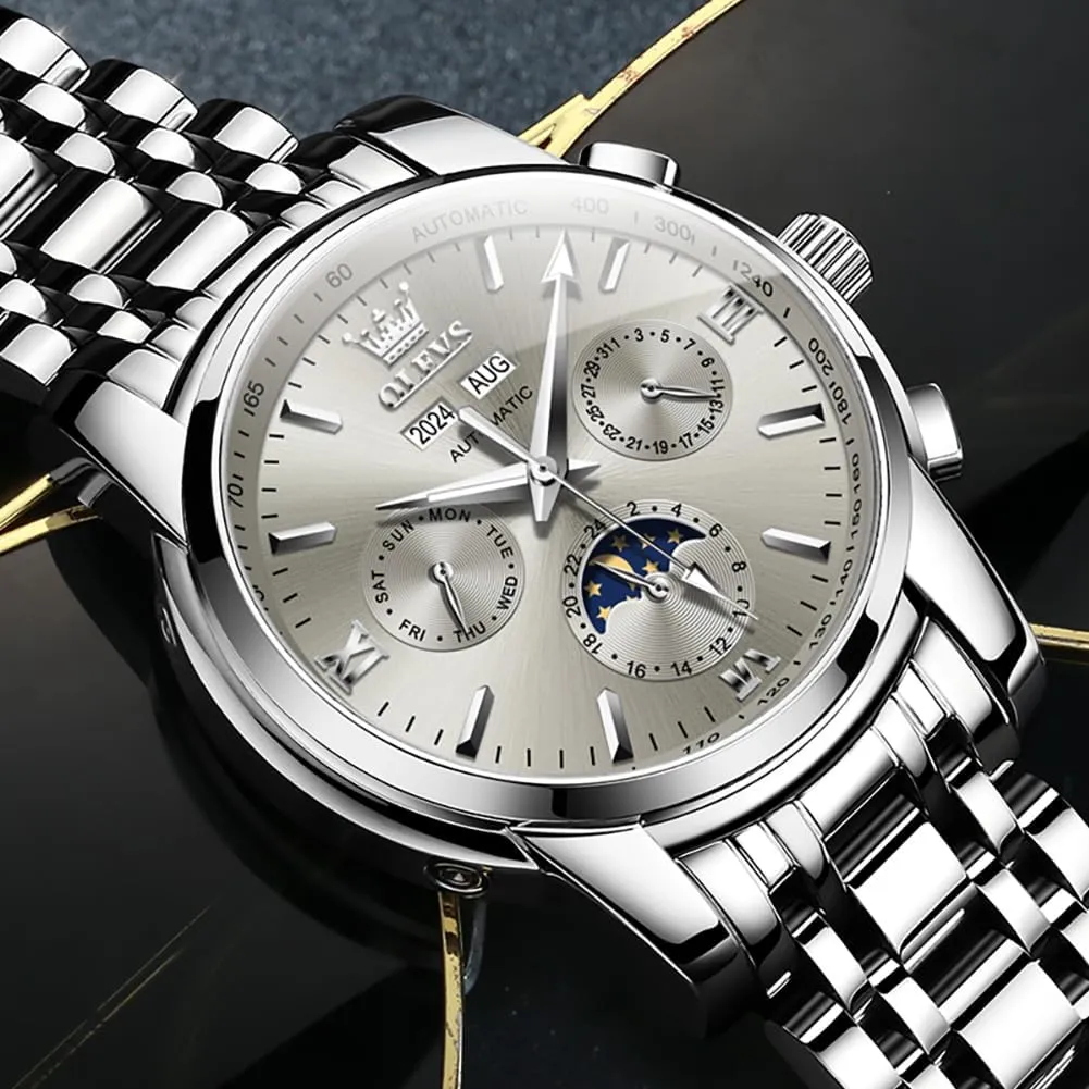 OLEVS Automatic Men Watch Self Winding Mechanical Luxury Dress Moon Phase Stainless Steel Waterproof Luminous Calendar Wrist Watch