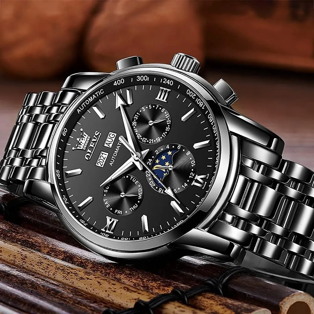 OLEVS Automatic Men Watch Self Winding Mechanical Luxury Dress Moon Phase Stainless Steel Waterproof Luminous Calendar Wrist Watch