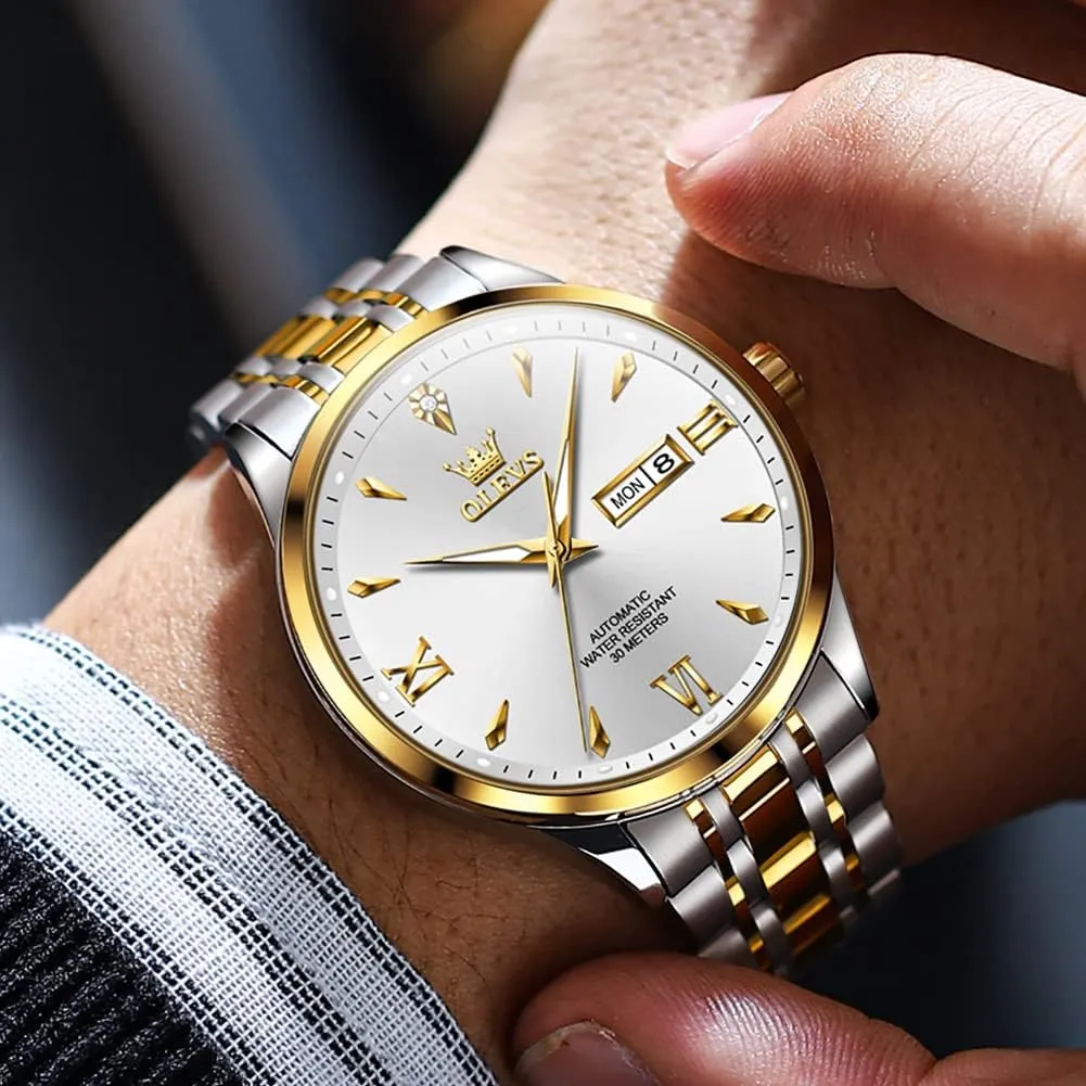 OLEVS Automatic Mens Watches Self Winding Mechanical Business Luxury Dress Wrist Watch Stainless Steel Waterproof Luminous Day Date