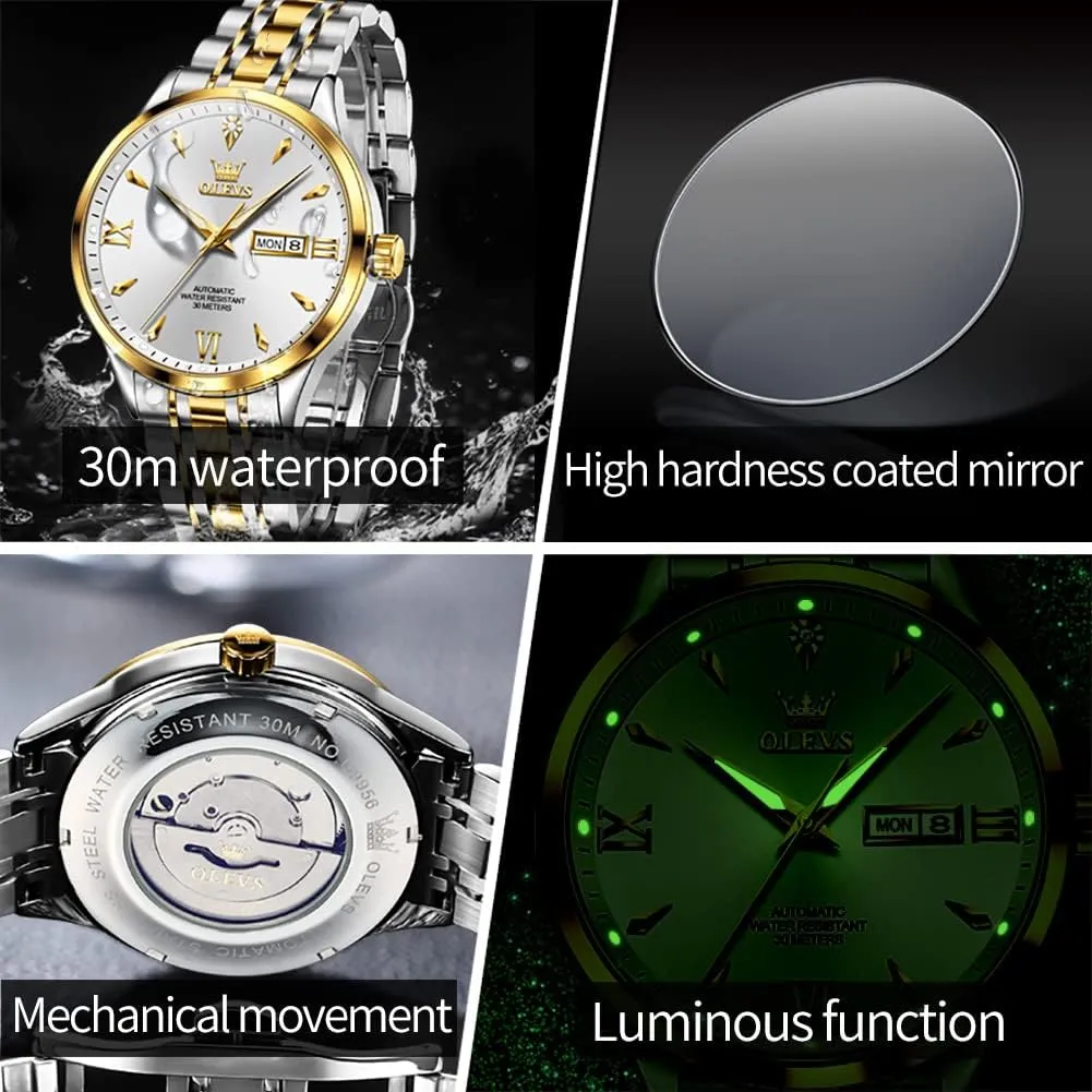 OLEVS Automatic Mens Watches Self Winding Mechanical Business Luxury Dress Wrist Watch Stainless Steel Waterproof Luminous Day Date