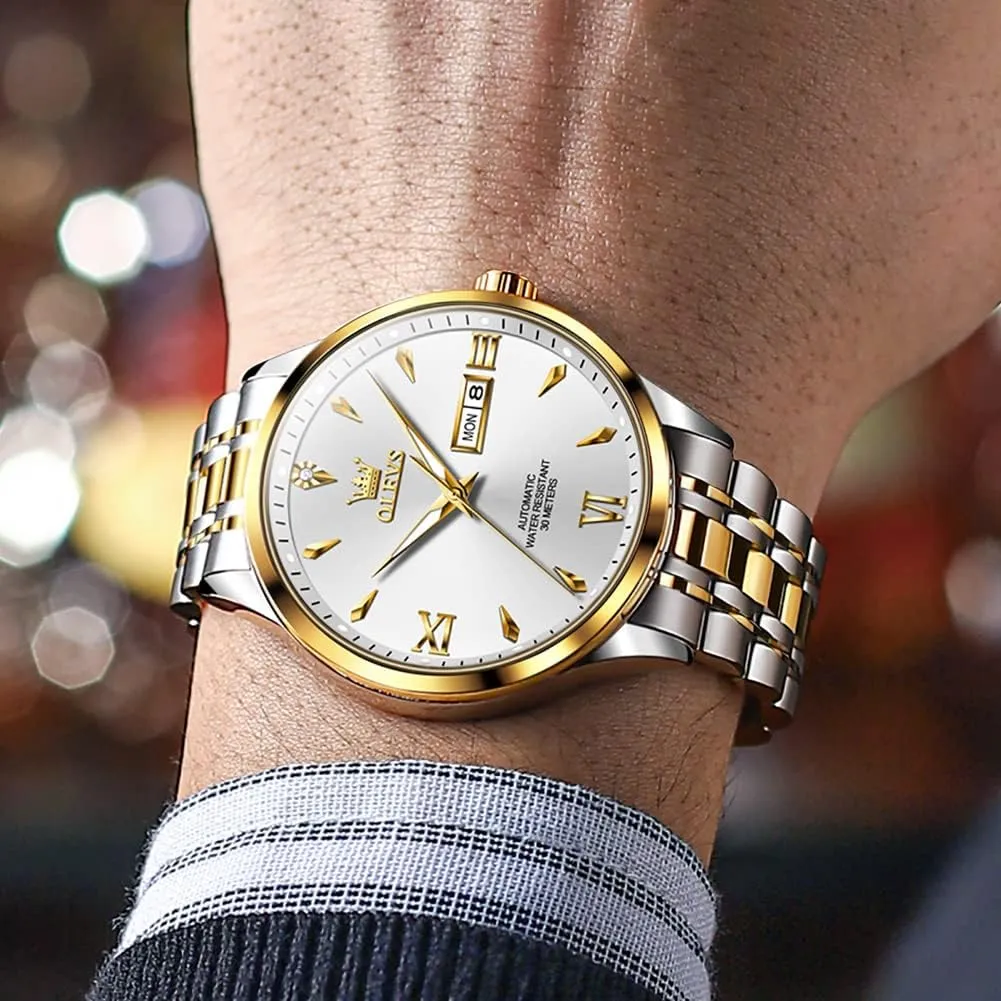 OLEVS Automatic Mens Watches Self Winding Mechanical Business Luxury Dress Wrist Watch Stainless Steel Waterproof Luminous Day Date