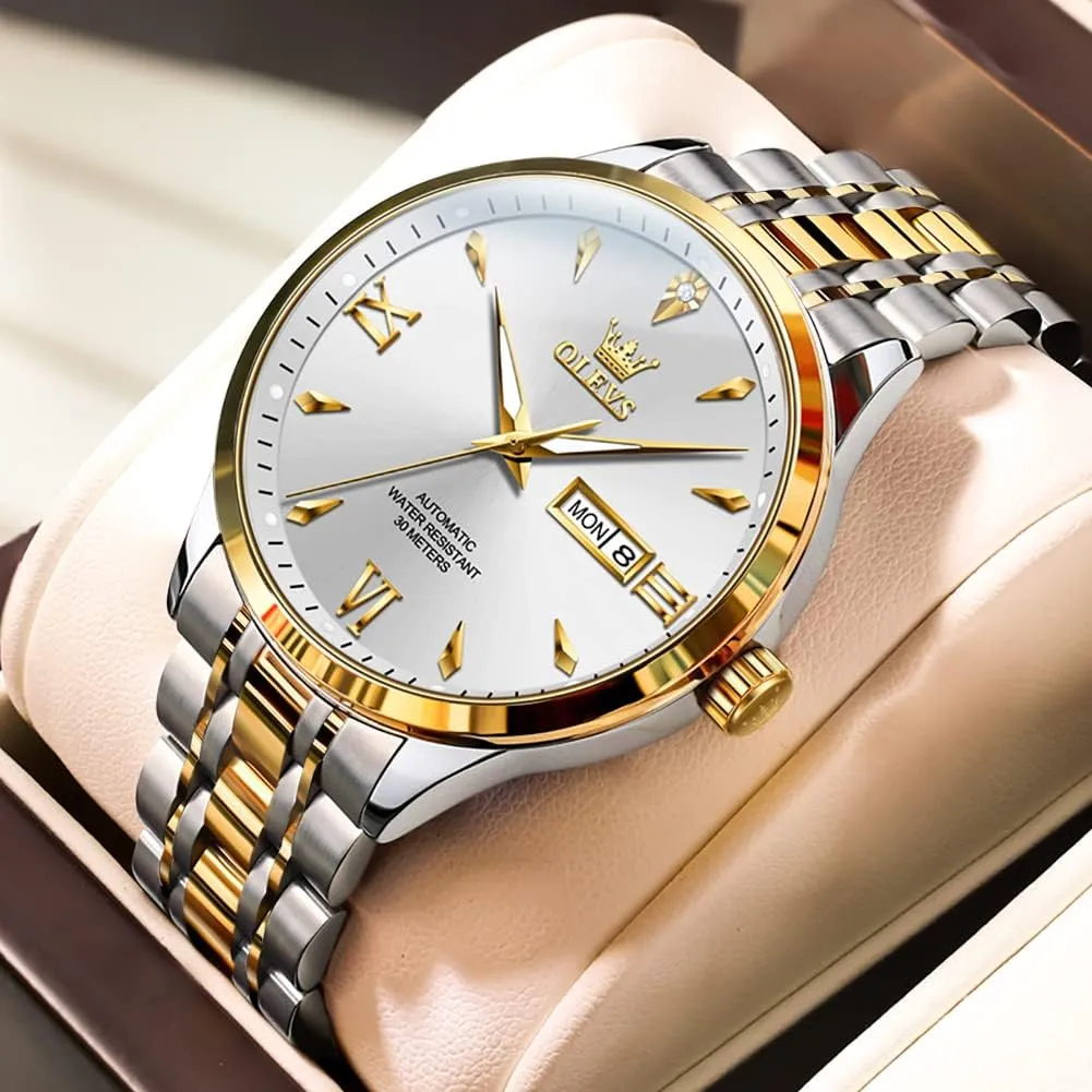 OLEVS Automatic Mens Watches Self Winding Mechanical Business Luxury Dress Wrist Watch Stainless Steel Waterproof Luminous Day Date