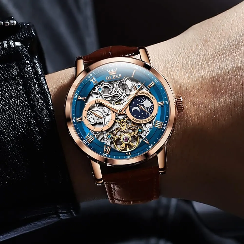 OLEVS Men Skeleton Watch Automatic Winding Moon Phase Dress Luxury Leather Strap Waterproof Luminous Men Wrist Watch