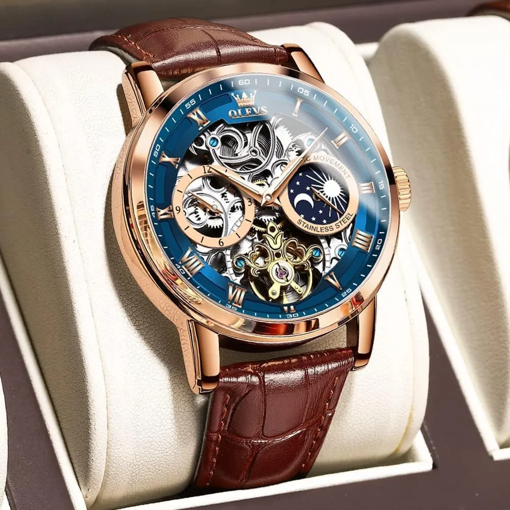 OLEVS Men Skeleton Watch Automatic Winding Moon Phase Dress Luxury Leather Strap Waterproof Luminous Men Wrist Watch