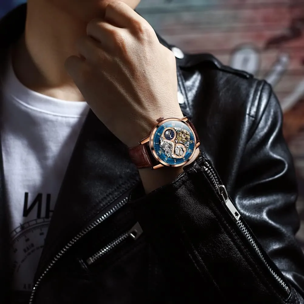 OLEVS Men Skeleton Watch Automatic Winding Moon Phase Dress Luxury Leather Strap Waterproof Luminous Men Wrist Watch