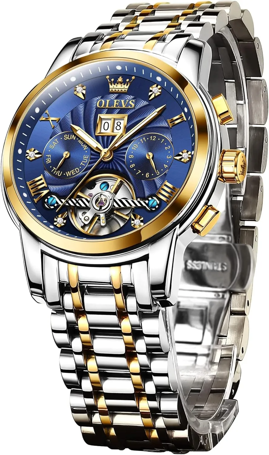 OLEVS Men's Automatic Mechanical Watches Luxury Dress Waterproof Self Winding Moon Phase Chronograph Stainless Steel Luminous Date Tourbillon Wristwatch for Men