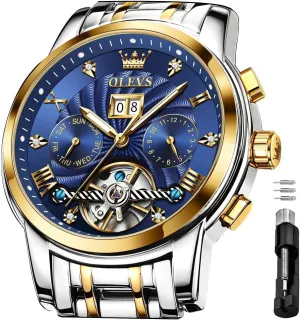 OLEVS Men's Automatic Mechanical Watches Luxury Dress Waterproof Self Winding Moon Phase Chronograph Stainless Steel Luminous Date Tourbillon Wristwatch for Men