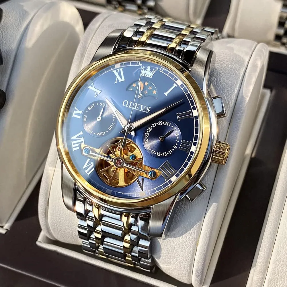 OLEVS Men's Automatic Mechanical Watches Luxury Dress Waterproof Self Winding Moon Phase Chronograph Stainless Steel Luminous Date Tourbillon Wristwatch for Men