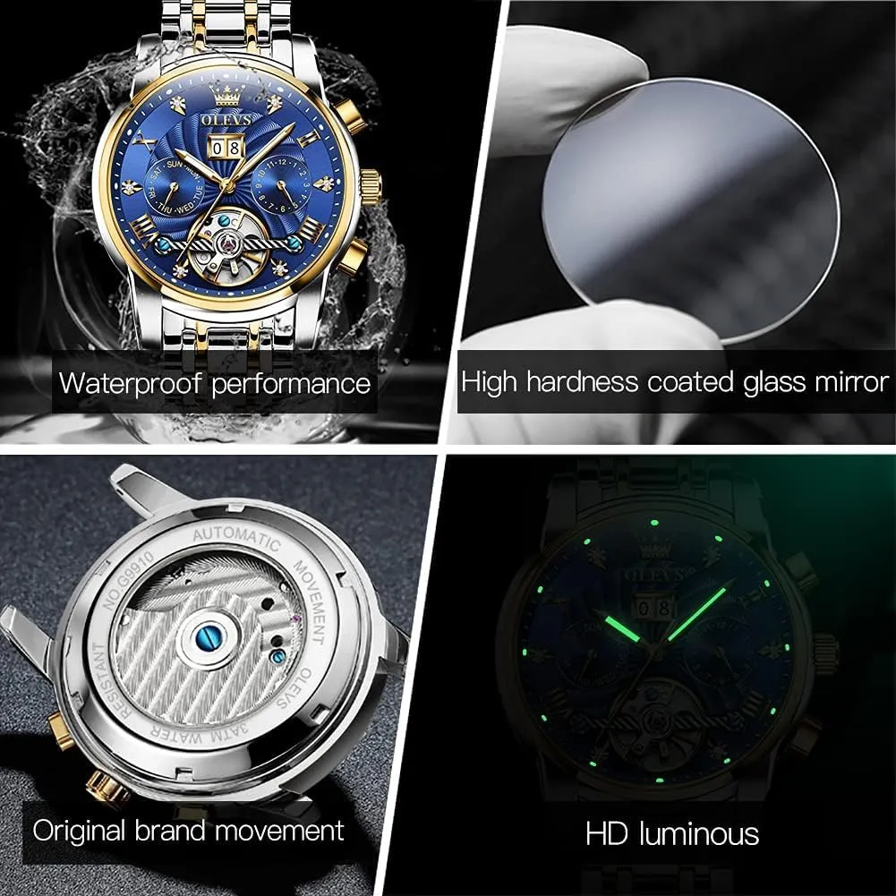 OLEVS Men's Automatic Mechanical Watches Luxury Dress Waterproof Self Winding Moon Phase Chronograph Stainless Steel Luminous Date Tourbillon Wristwatch for Men