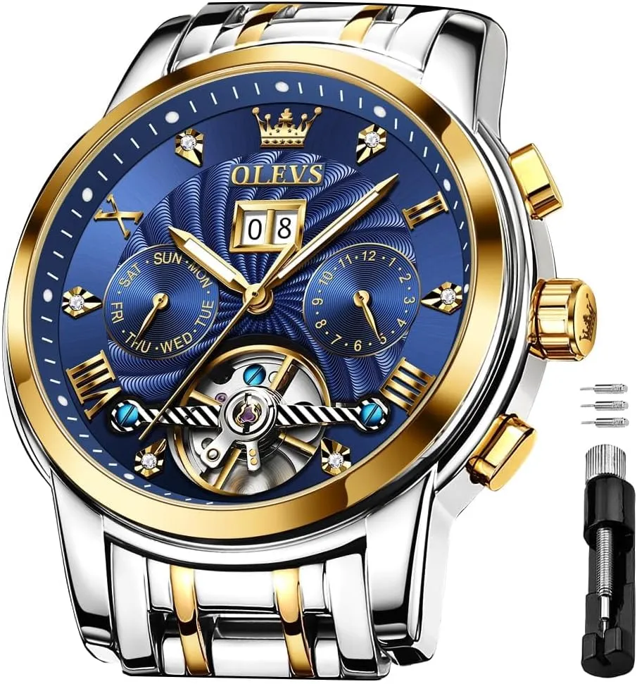 OLEVS Men's Automatic Mechanical Watches Luxury Dress Waterproof Self Winding Moon Phase Chronograph Stainless Steel Luminous Date Tourbillon Wristwatch for Men