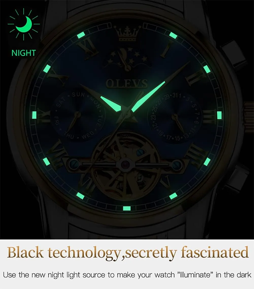 OLEVS Men's Automatic Mechanical Watches Luxury Dress Waterproof Self Winding Moon Phase Chronograph Stainless Steel Luminous Date Tourbillon Wristwatch for Men