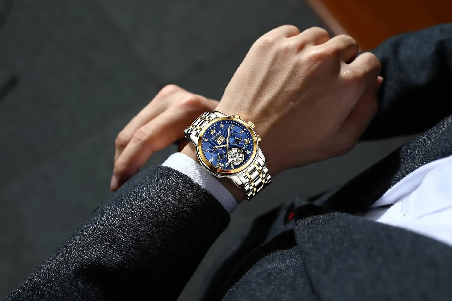 OLEVS Men's Automatic Mechanical Watches Luxury Dress Waterproof Self Winding Moon Phase Chronograph Stainless Steel Luminous Date Tourbillon Wristwatch for Men