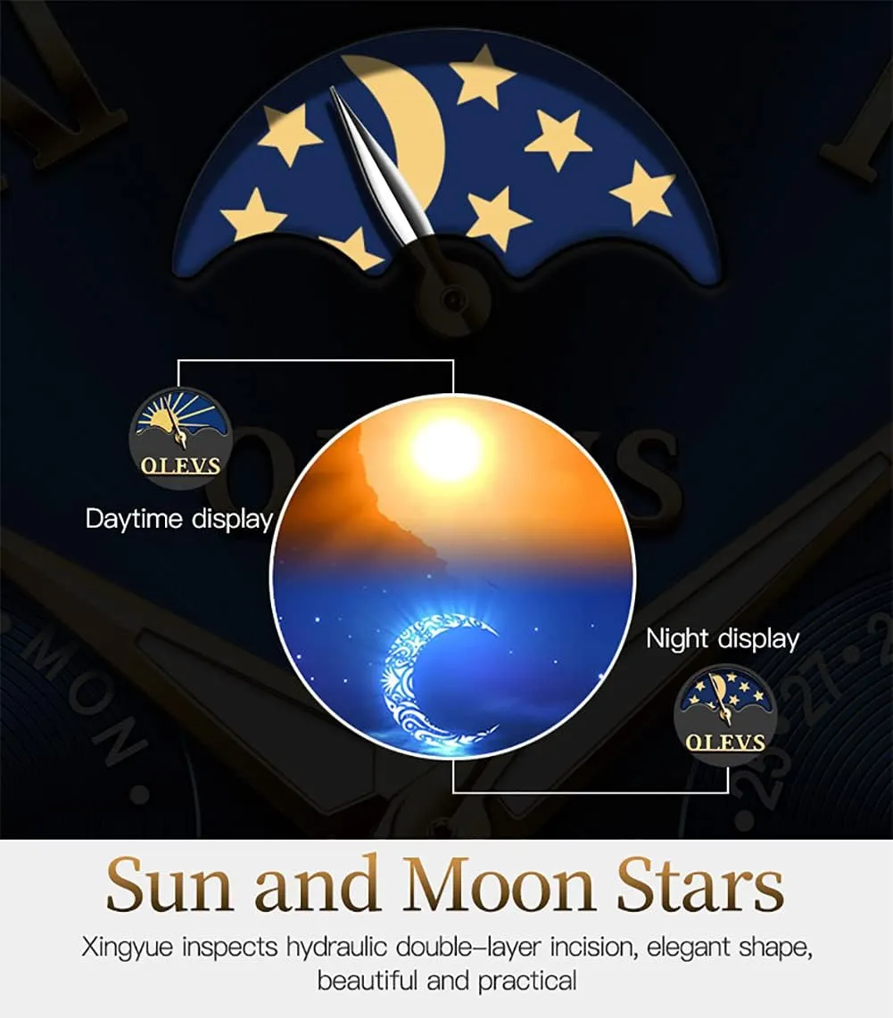 OLEVS Men's Automatic Mechanical Watches Luxury Dress Waterproof Self Winding Moon Phase Chronograph Stainless Steel Luminous Date Tourbillon Wristwatch for Men