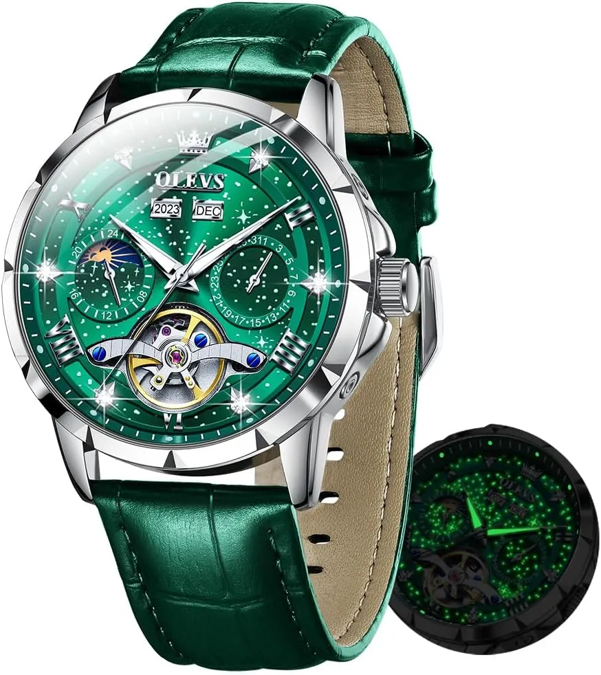 OLEVS Mens Automatic Watches Self-Winding Starry Sky Diamond Skeleton Luxury Wrist Watch Waterproof Luminous