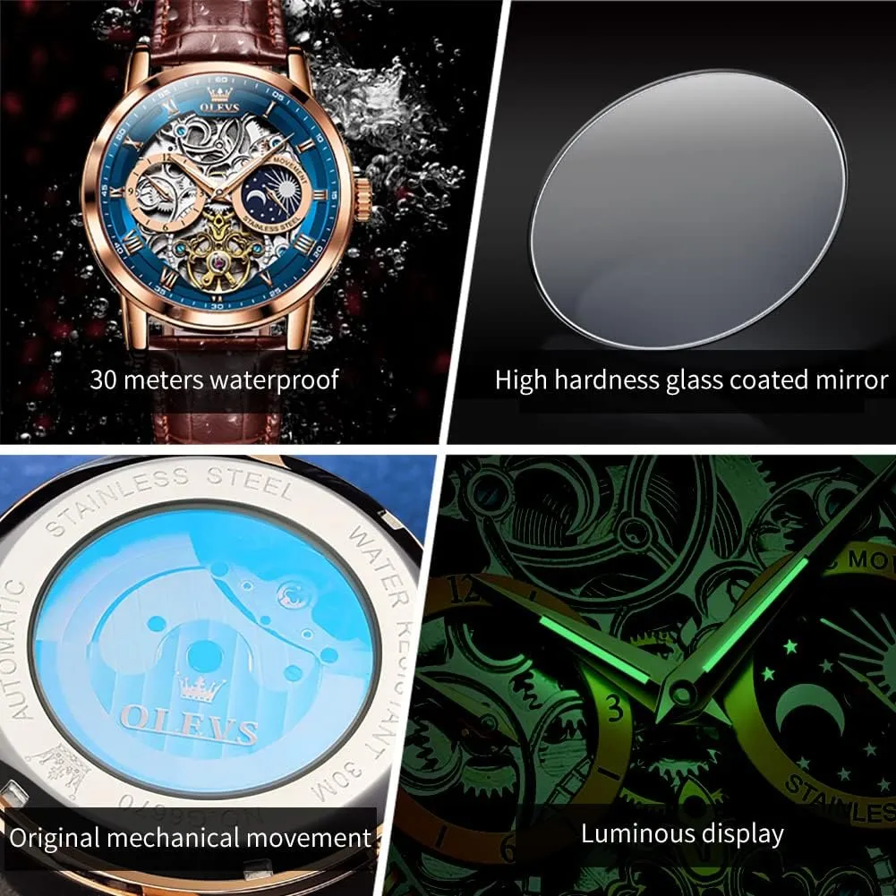 OLEVS Mens Automatic Watches Self-Winding Starry Sky Diamond Skeleton Luxury Wrist Watch Waterproof Luminous