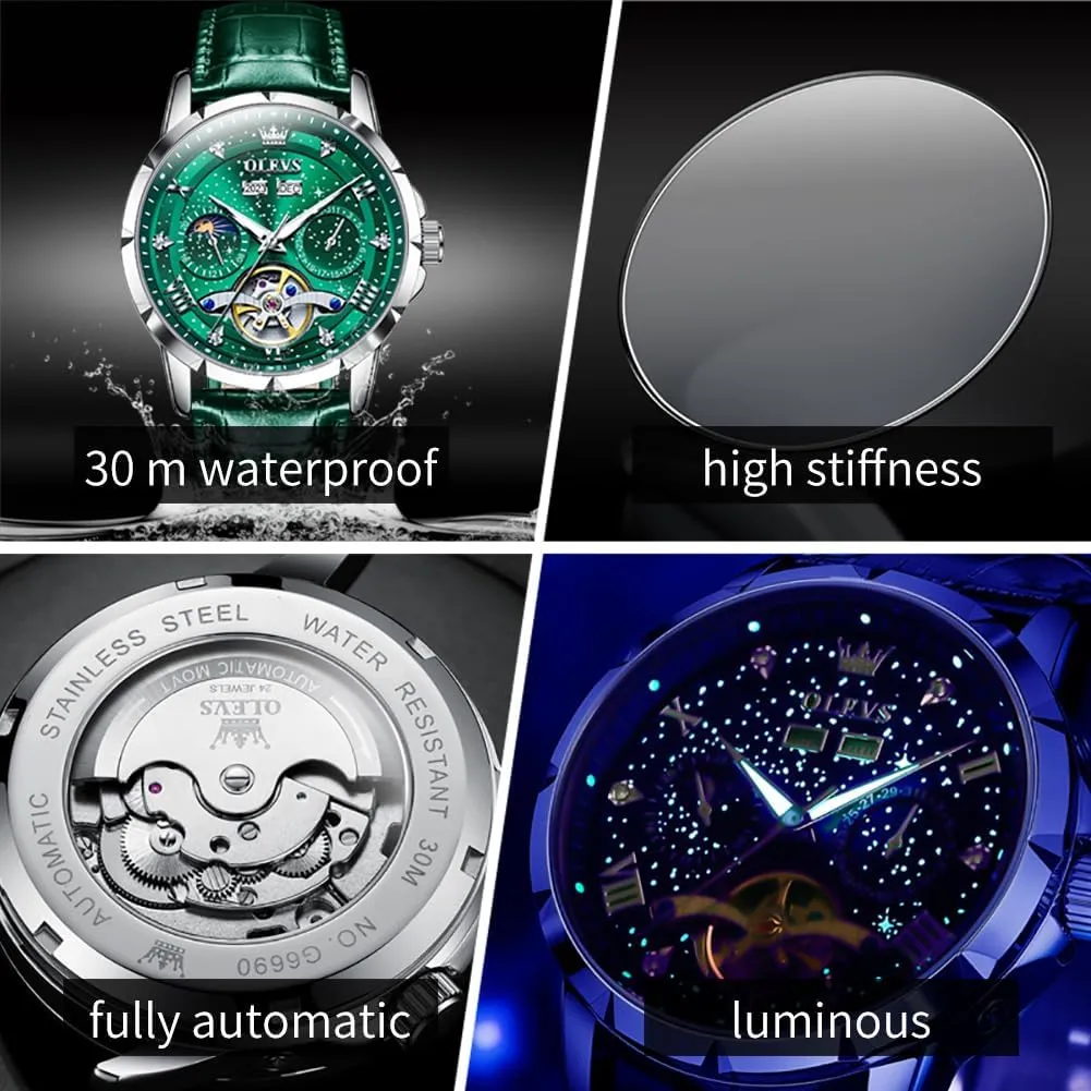 OLEVS Mens Automatic Watches Self-Winding Starry Sky Diamond Skeleton Luxury Wrist Watch Waterproof Luminous