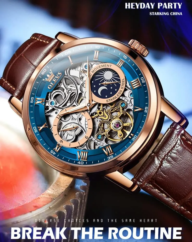 OLEVS Mens Automatic Watches Self-Winding Starry Sky Diamond Skeleton Luxury Wrist Watch Waterproof Luminous