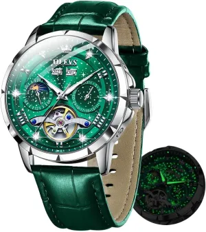 OLEVS Mens Automatic Watches Self-Winding Starry Sky Diamond Skeleton Luxury Wrist Watch Waterproof Luminous