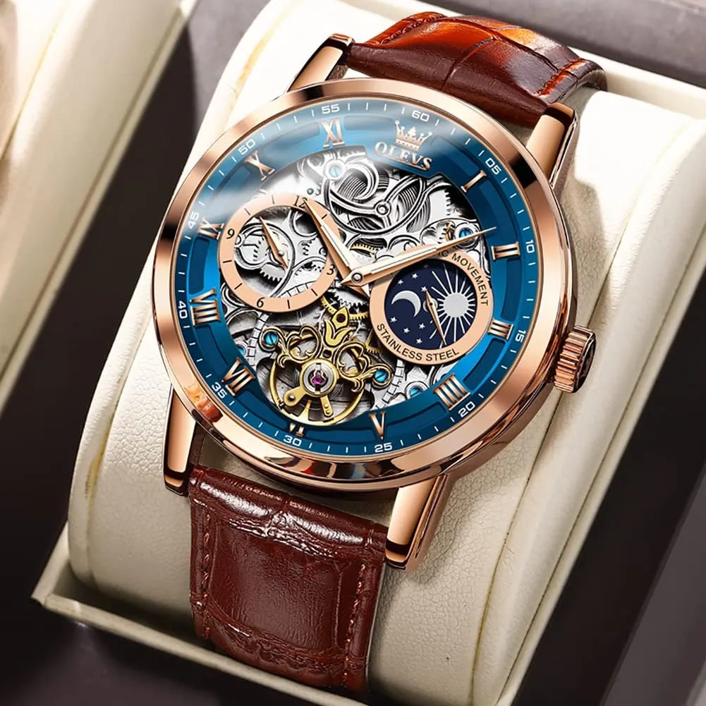 OLEVS Mens Automatic Watches Self-Winding Starry Sky Diamond Skeleton Luxury Wrist Watch Waterproof Luminous