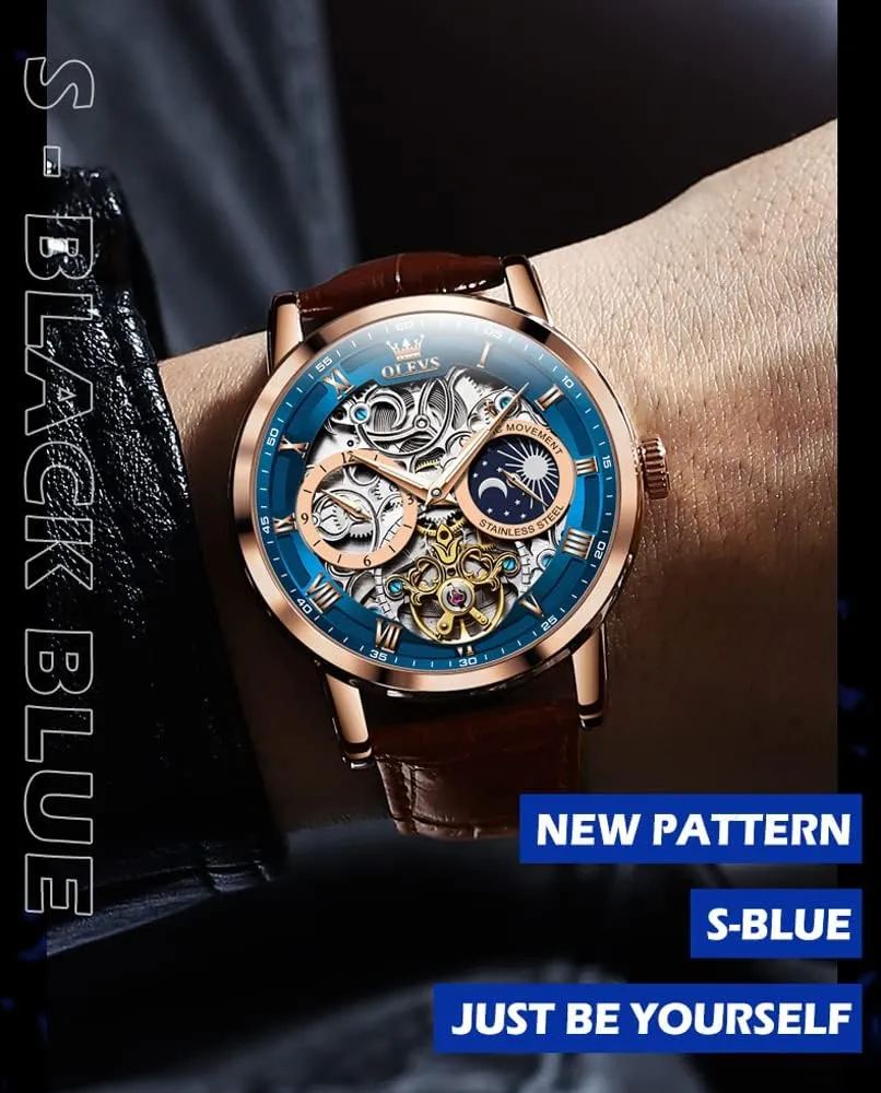 OLEVS Mens Automatic Watches Self-Winding Starry Sky Diamond Skeleton Luxury Wrist Watch Waterproof Luminous