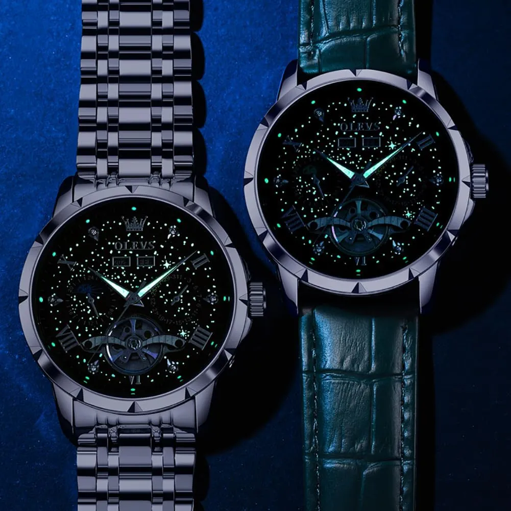 OLEVS Mens Automatic Watches Self-Winding Starry Sky Diamond Skeleton Luxury Wrist Watch Waterproof Luminous
