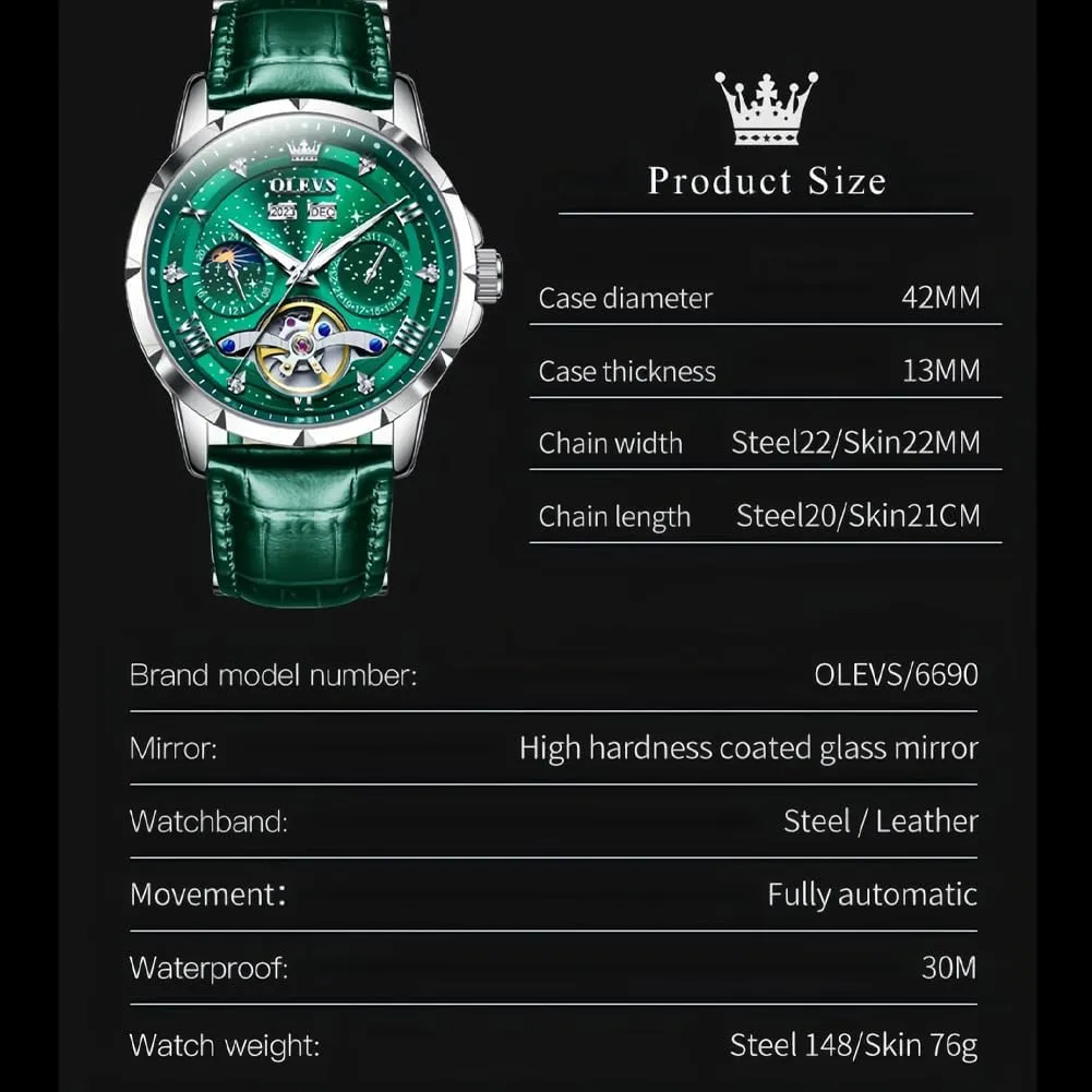 OLEVS Mens Automatic Watches Self-Winding Starry Sky Diamond Skeleton Luxury Wrist Watch Waterproof Luminous