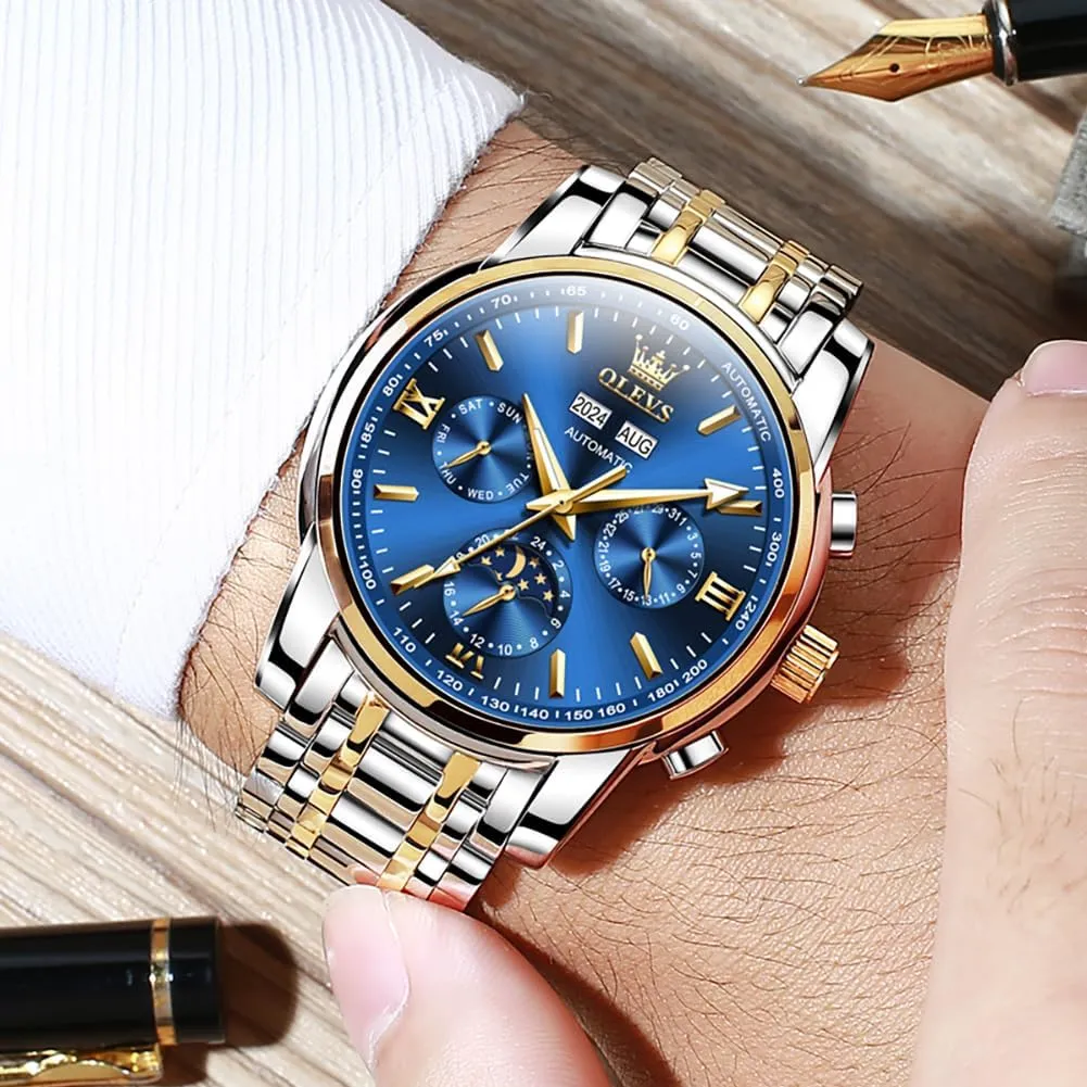 OLEVS Mens Automatic Watches Skeleton Mechanical Self Winding Luxury Fashion Dress Wrist Watch Luminous Waterproof