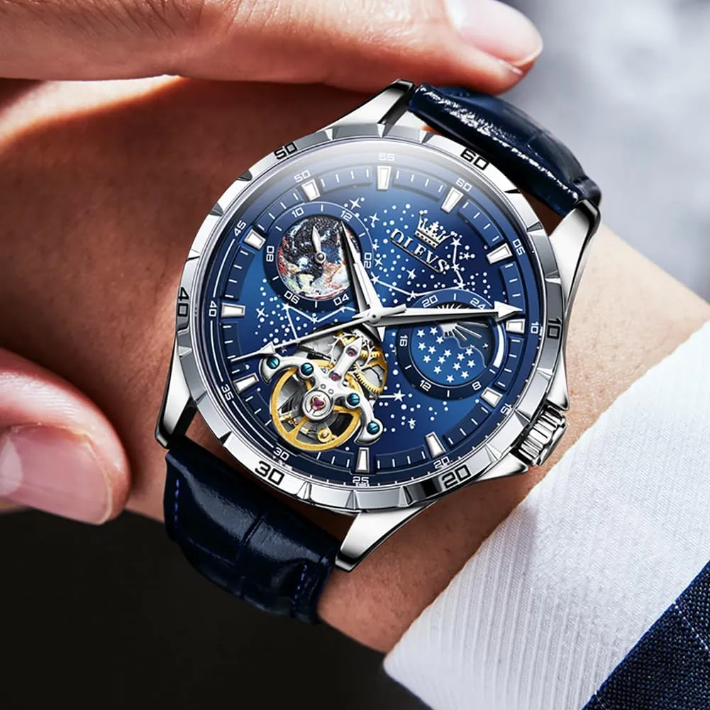 OLEVS Mens Leather Watches Automatic Mechanical Skeleton Tourbillon Diamond Luxury Self Winding Dress Wrist Watches Moon Phase Waterproof Luminous
