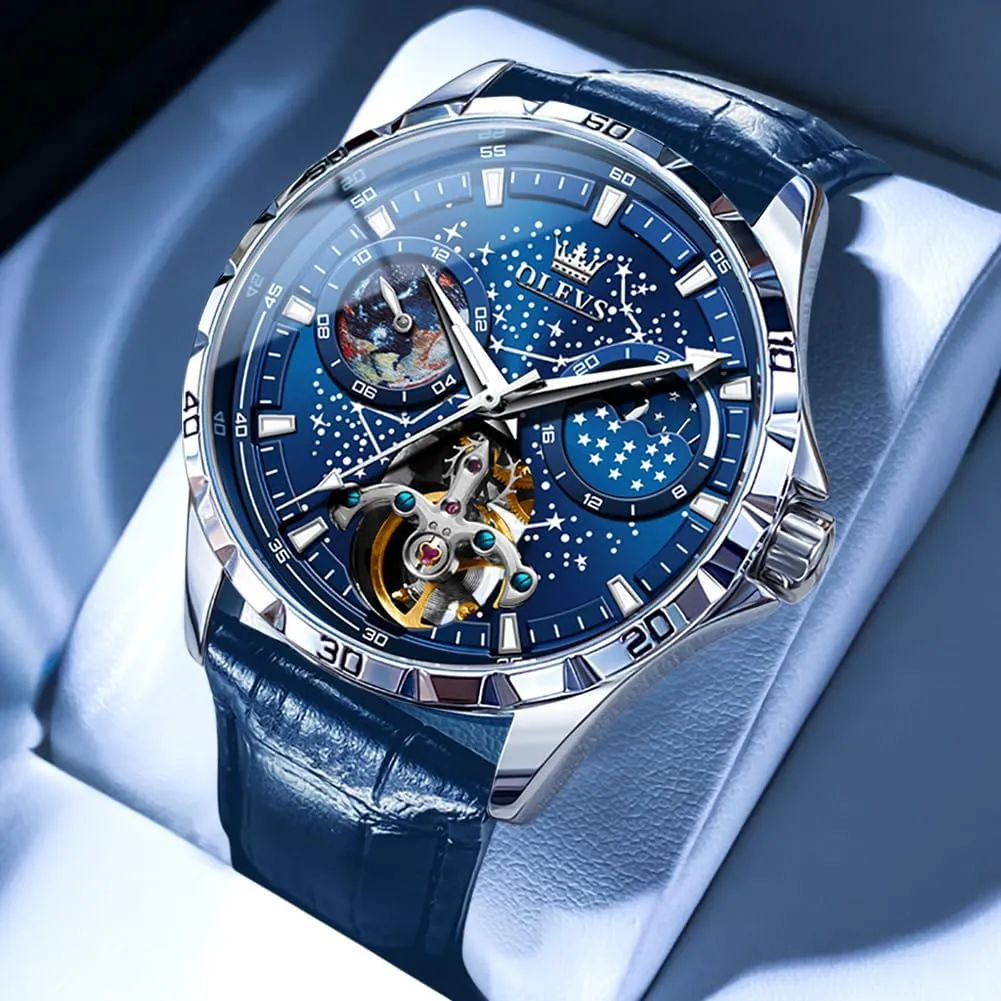 OLEVS Mens Leather Watches Automatic Mechanical Skeleton Tourbillon Diamond Luxury Self Winding Dress Wrist Watches Moon Phase Waterproof Luminous