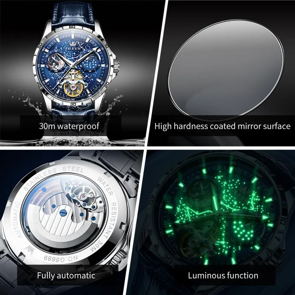 OLEVS Mens Leather Watches Automatic Mechanical Skeleton Tourbillon Diamond Luxury Self Winding Dress Wrist Watches Moon Phase Waterproof Luminous