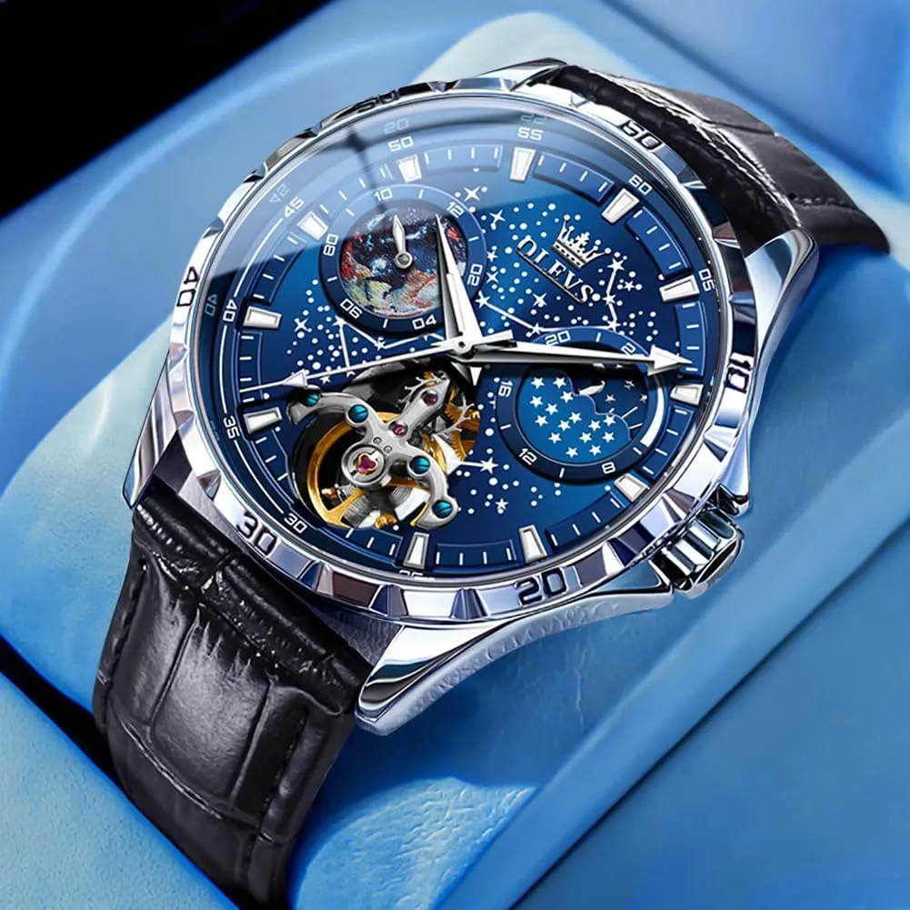 OLEVS Mens Leather Watches Automatic Mechanical Skeleton Tourbillon Diamond Luxury Self Winding Dress Wrist Watches Moon Phase Waterproof Luminous