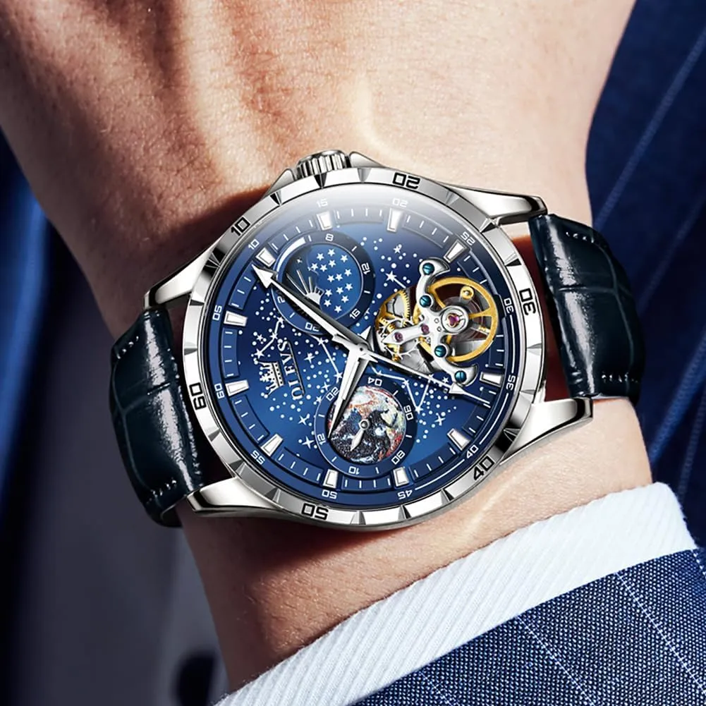 OLEVS Mens Leather Watches Automatic Mechanical Skeleton Tourbillon Diamond Luxury Self Winding Dress Wrist Watches Moon Phase Waterproof Luminous