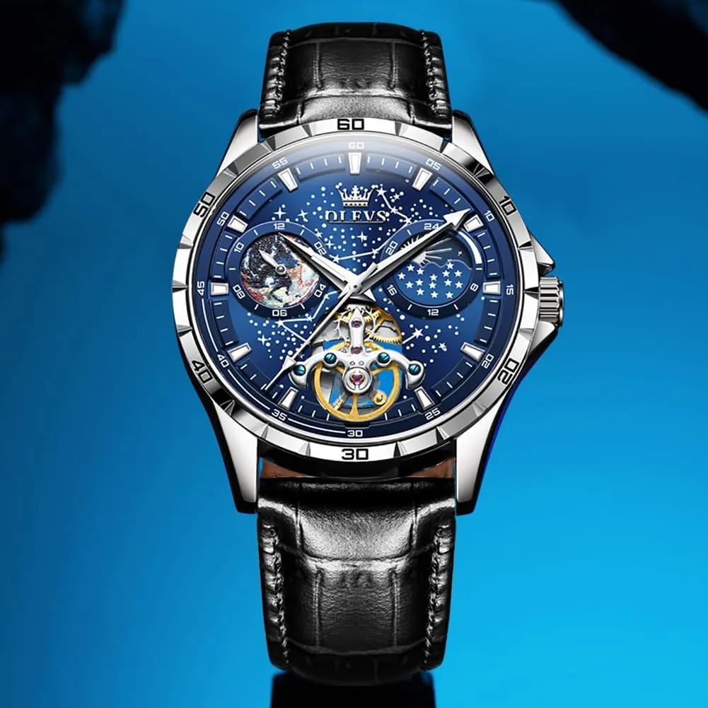 OLEVS Mens Leather Watches Automatic Mechanical Skeleton Tourbillon Diamond Luxury Self Winding Dress Wrist Watches Moon Phase Waterproof Luminous