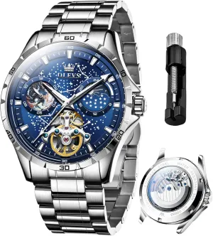 OLEVS Mens Luxury Skeleton Automatic Watch Diamond Self Winding Mechanical Timepiece Gifts Luminous Waterproof