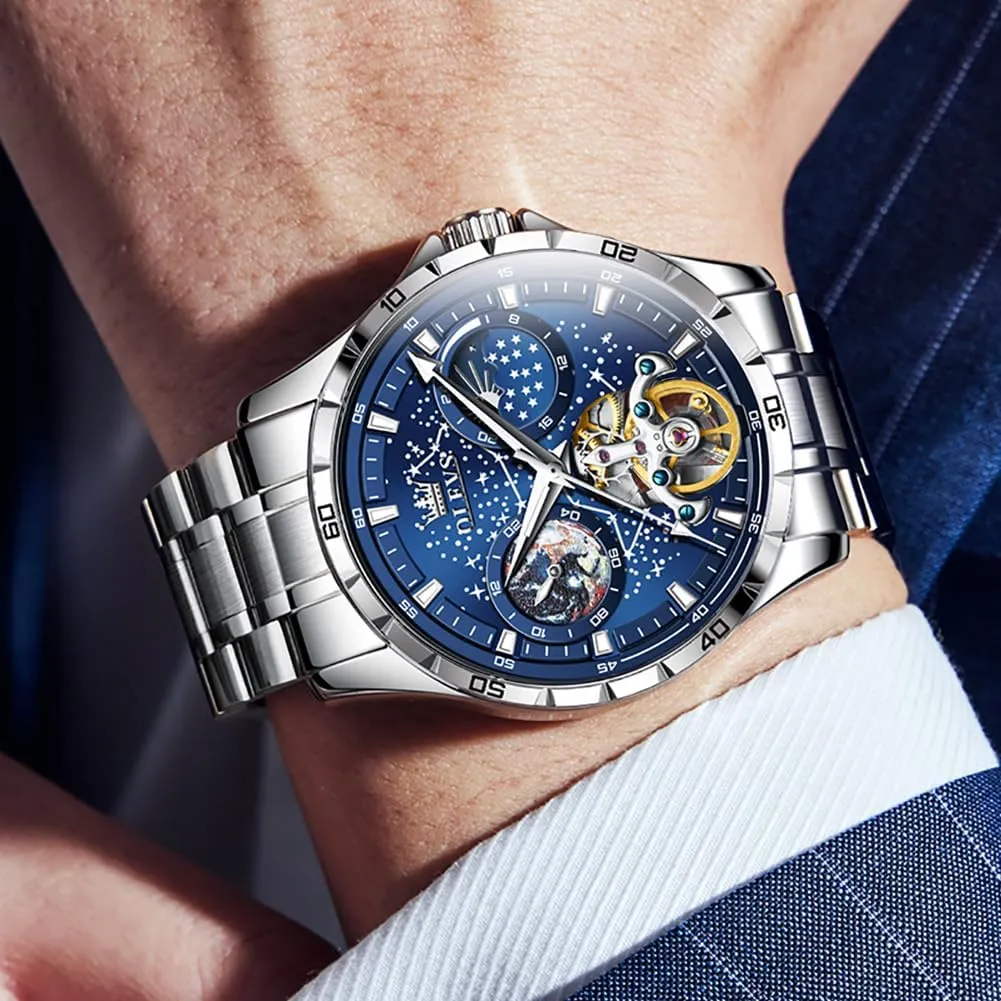 OLEVS Mens Luxury Skeleton Automatic Watch Diamond Self Winding Mechanical Timepiece Gifts Luminous Waterproof